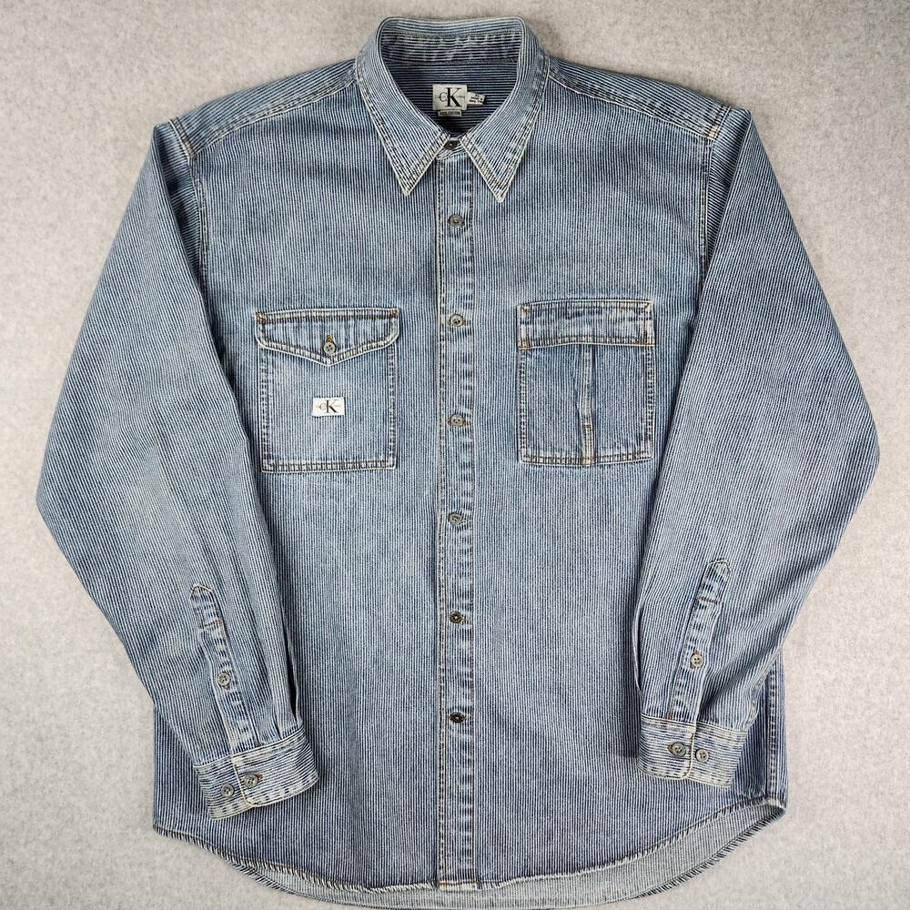Vintage Calvin Klein Jeans Denim Shirt Mens XL Stripe Button Front Hong Kong